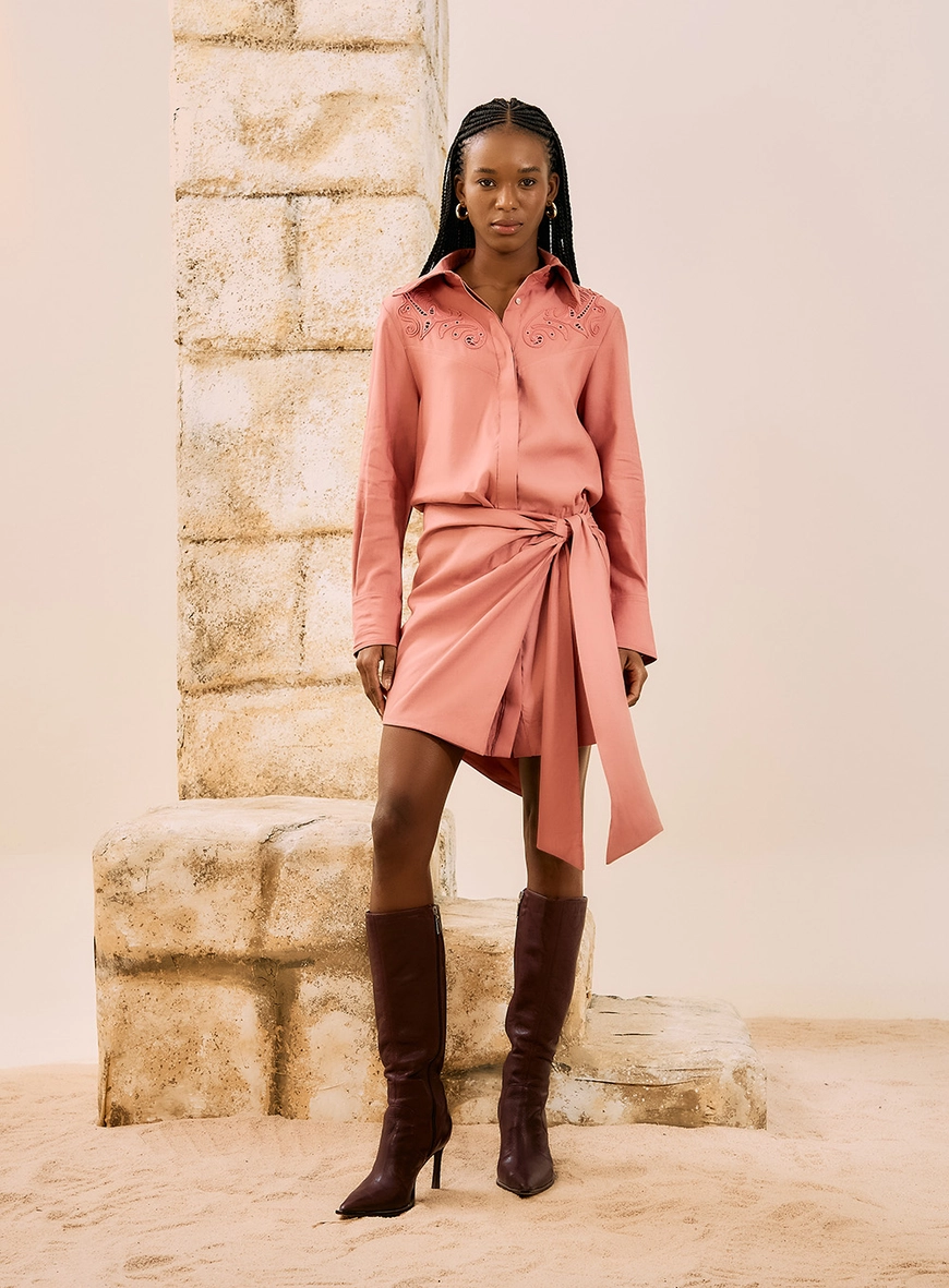 Vestido Curto Chemisier Com Bordado Rosa 5