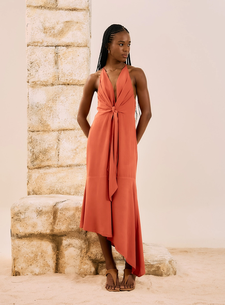 Vestido Midi Com Nó Frontal Laranja 4