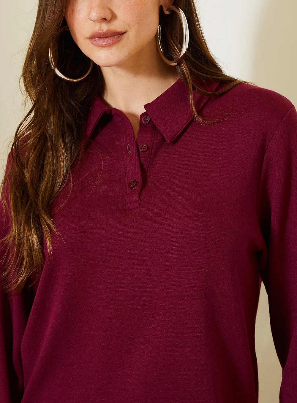 Polo Feminina Comfort Manga Longa Bordô 4