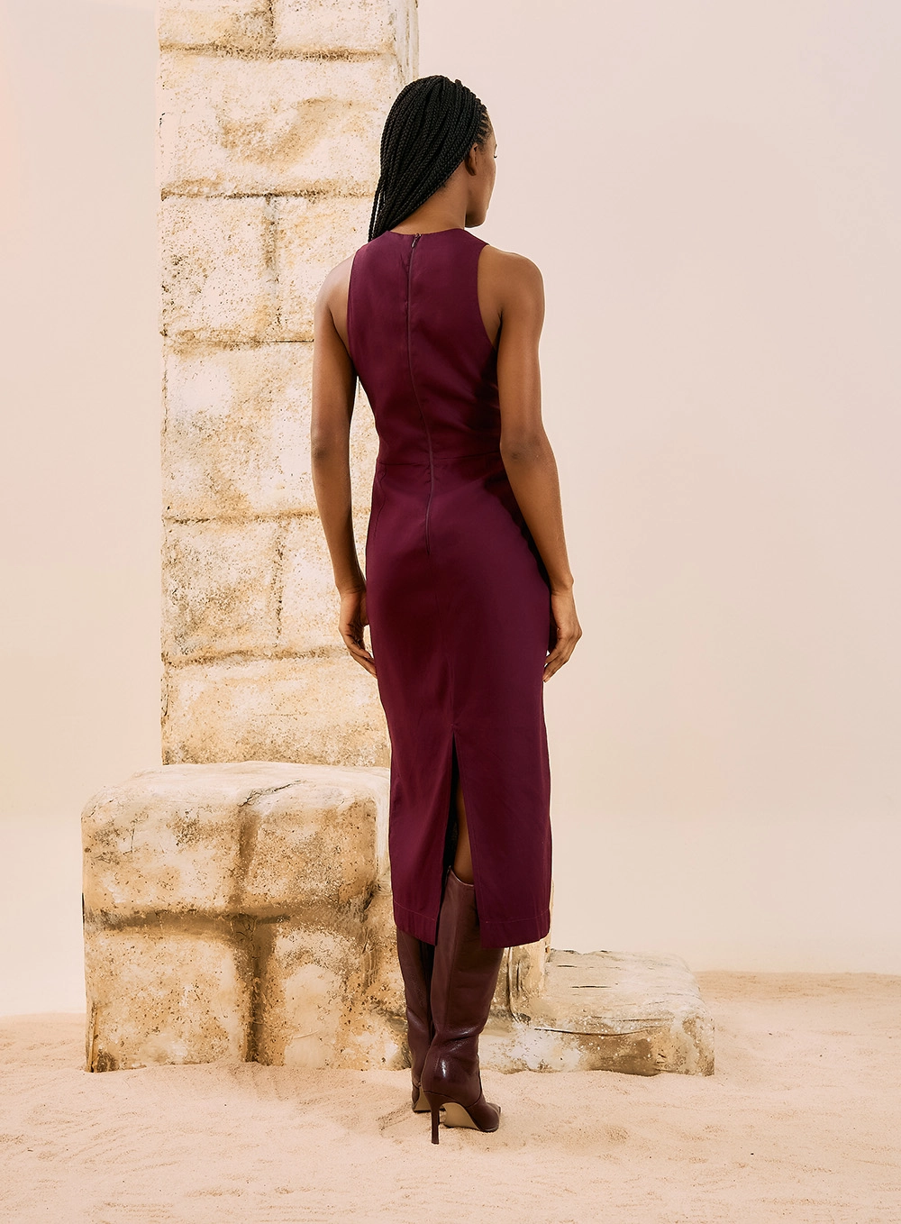 Vestido Midi Com Detalhe Metálico Bordô 3