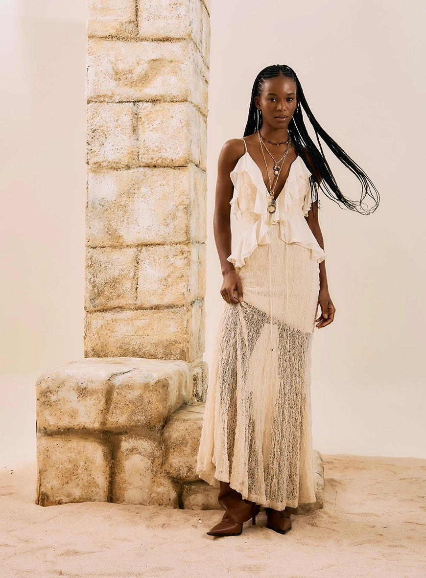 Vestido Longo Em Renda Boho Bege Italian 1
