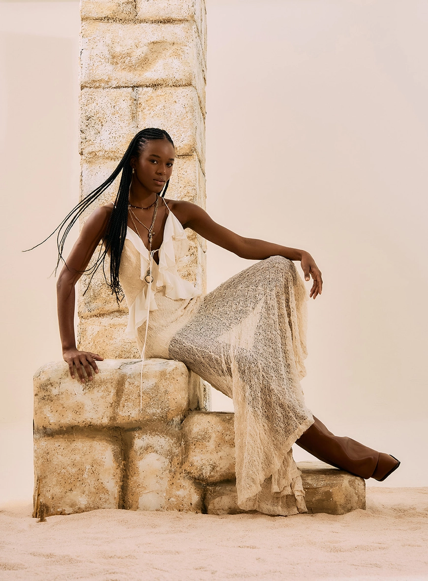 Vestido Longo Em Renda Boho Bege Italian 4