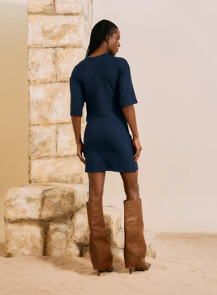 Vestido Curto Com Amarração Lateral Azul 2