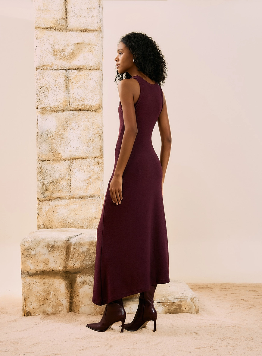 Vestido Midi Tricot Drapeado Bordô 3