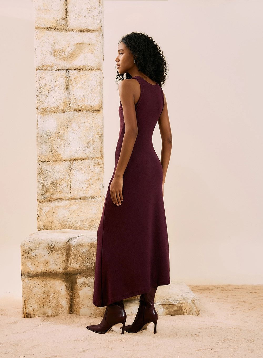 Vestido Midi Tricot Drapeado Bordô 3