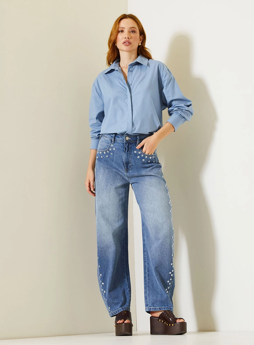 Camisa Feminina Over De Manga Longa Azul 3
