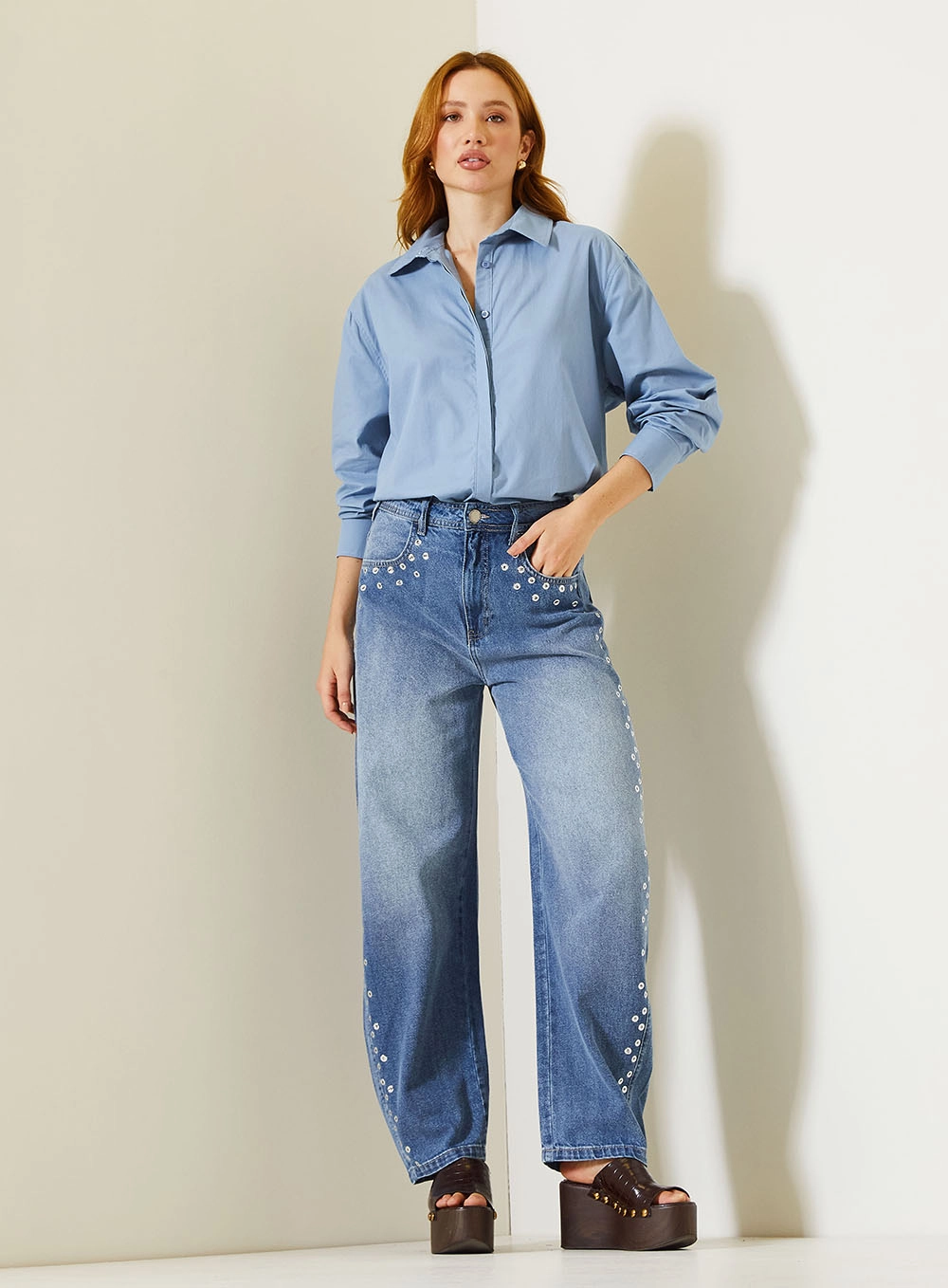 Camisa Feminina Over De Manga Longa Azul 3