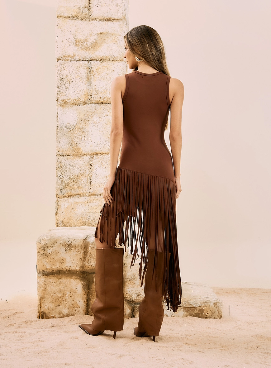 Vestido Midi Assimétrico Com Franjas Marrom 2