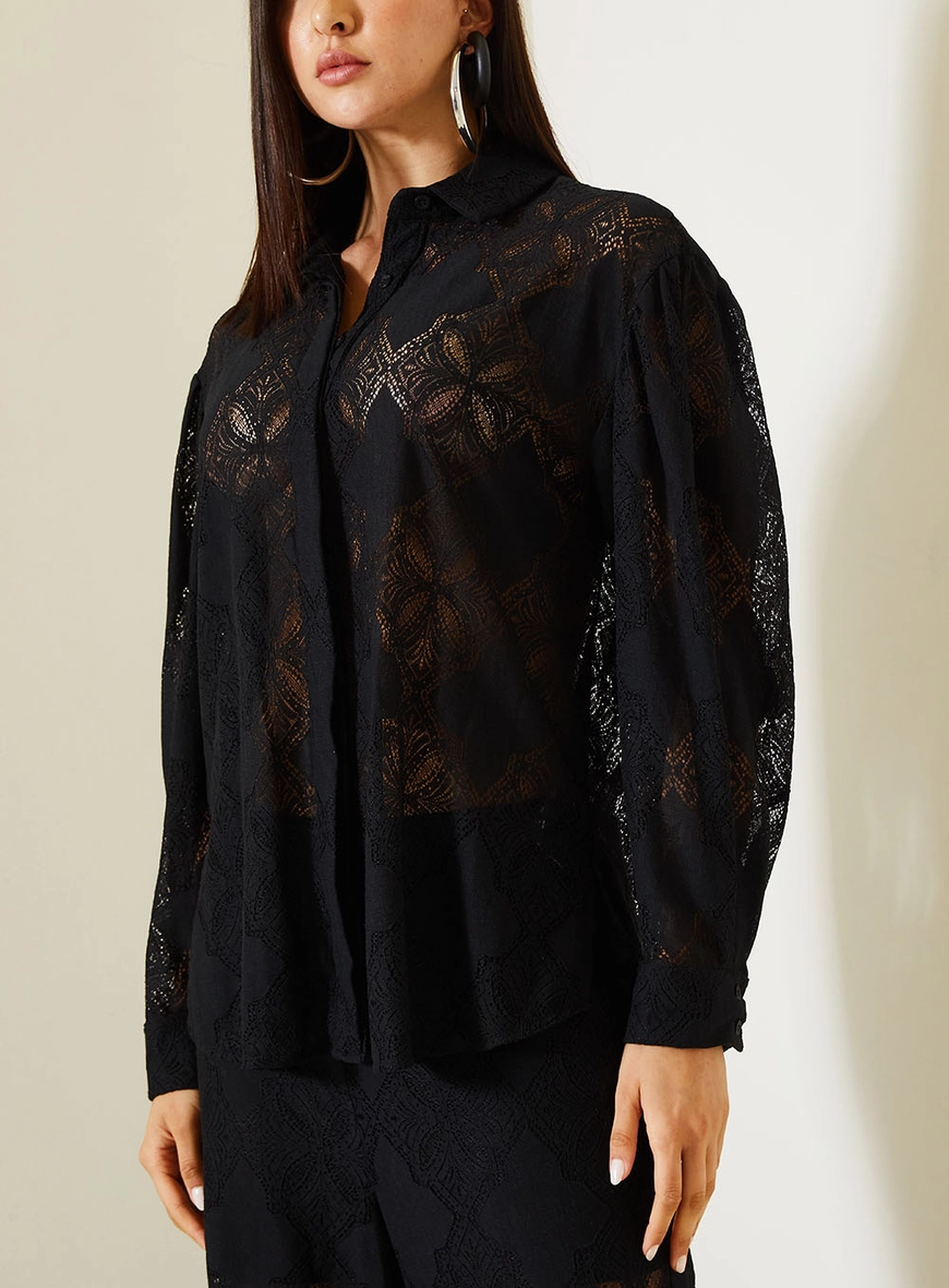 Camisa Over De Renda Com Manga Longa Preto 4