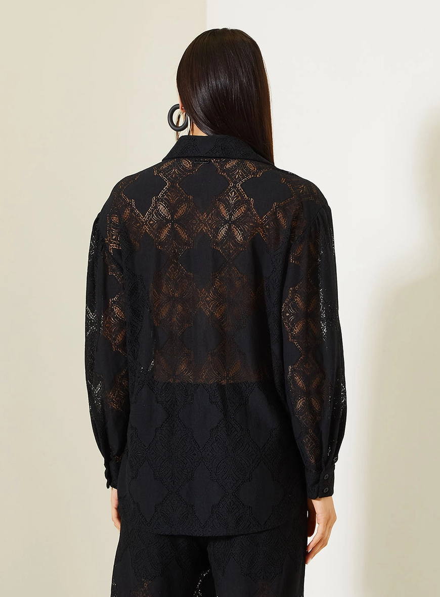 Camisa Over De Renda Com Manga Longa Preto 2