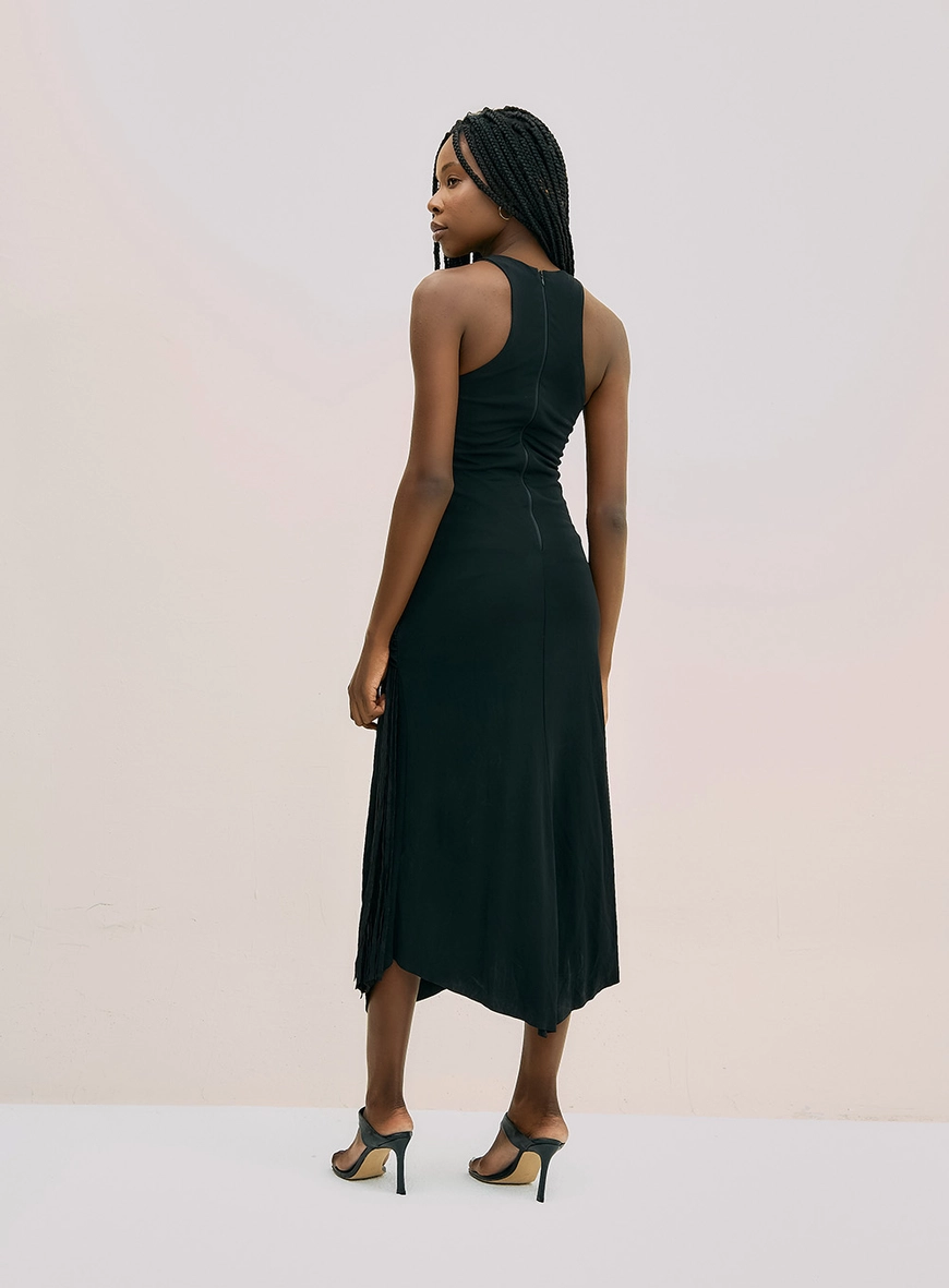 Vestido Midi Com Franjas Laterais Preto 2