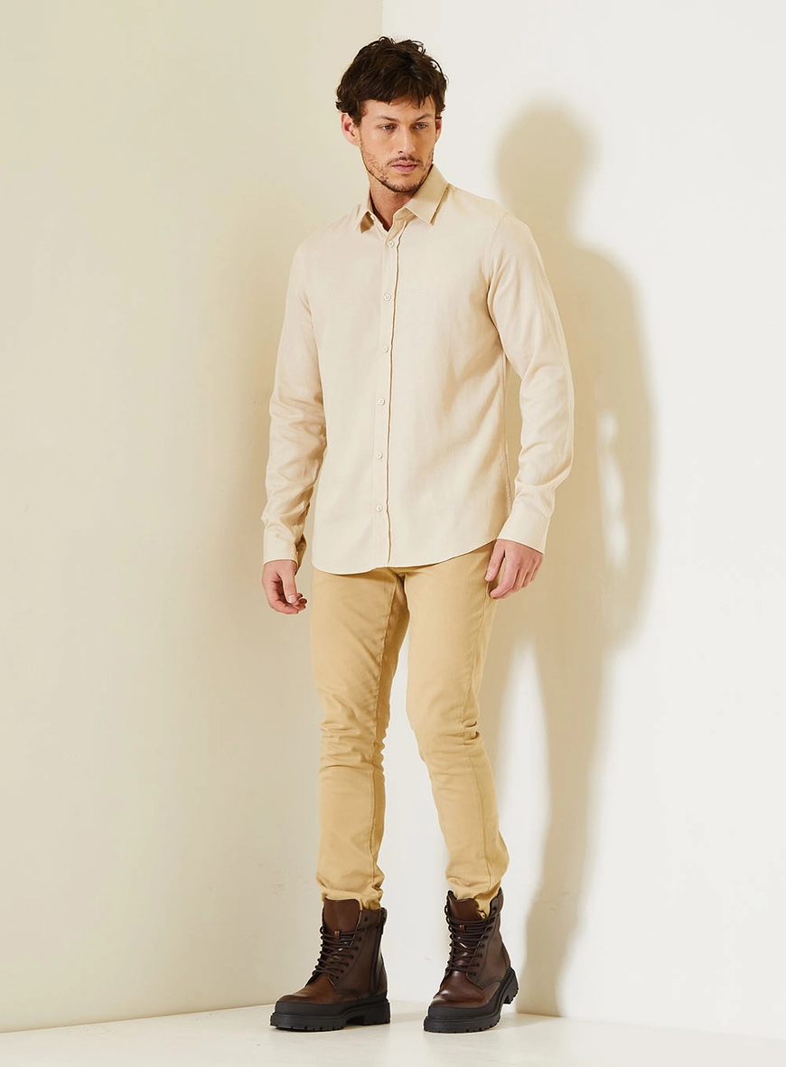 Camisa Regular Masculina Com Manga Longa Bege 3