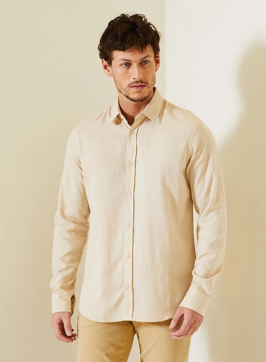 Camisa Regular Masculina Com Manga Longa Bege 1