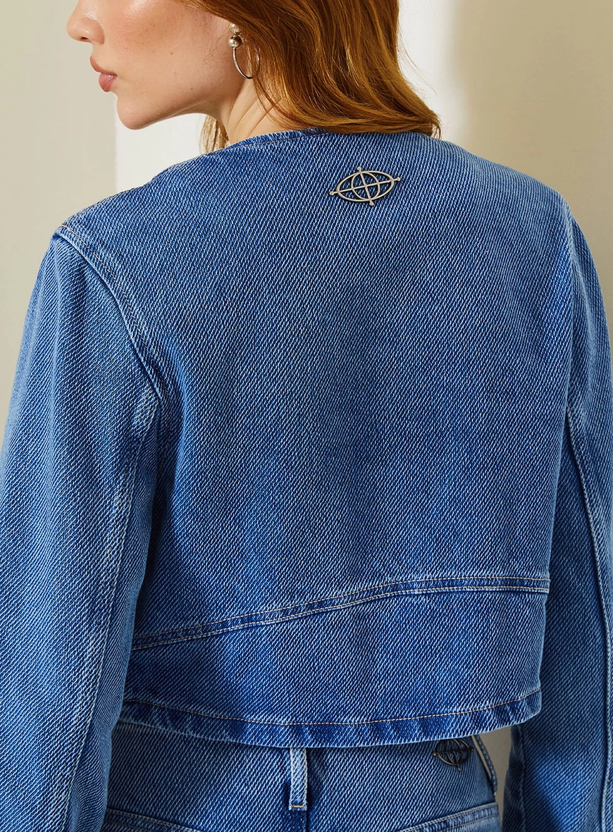 Jaqueta Jeans Cropped Com Decote Redondo Índigo 5