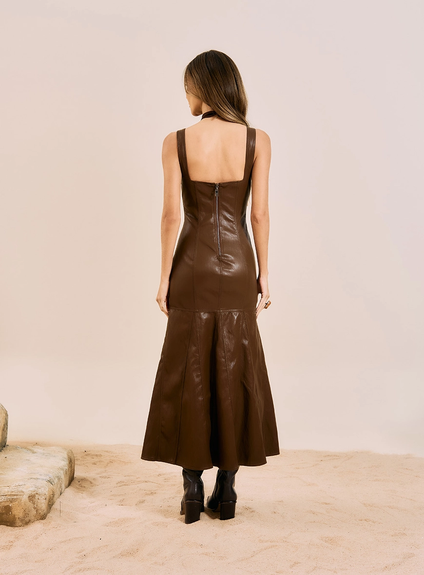Vestido Longo Ajustado Em Pu Marrom 5