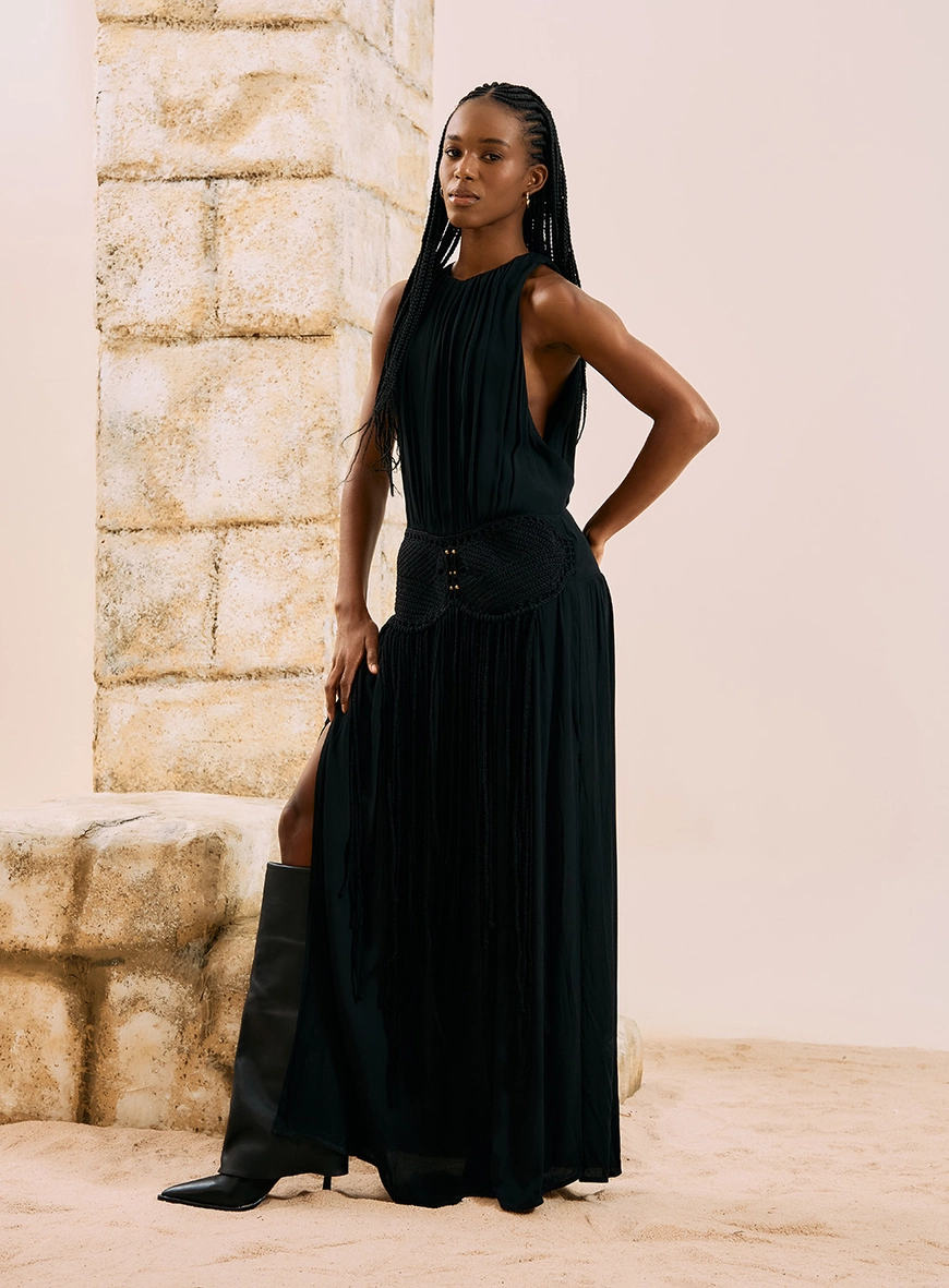 Vestido Longo Com Detalhe Em Crochê E Franjas Preto 4