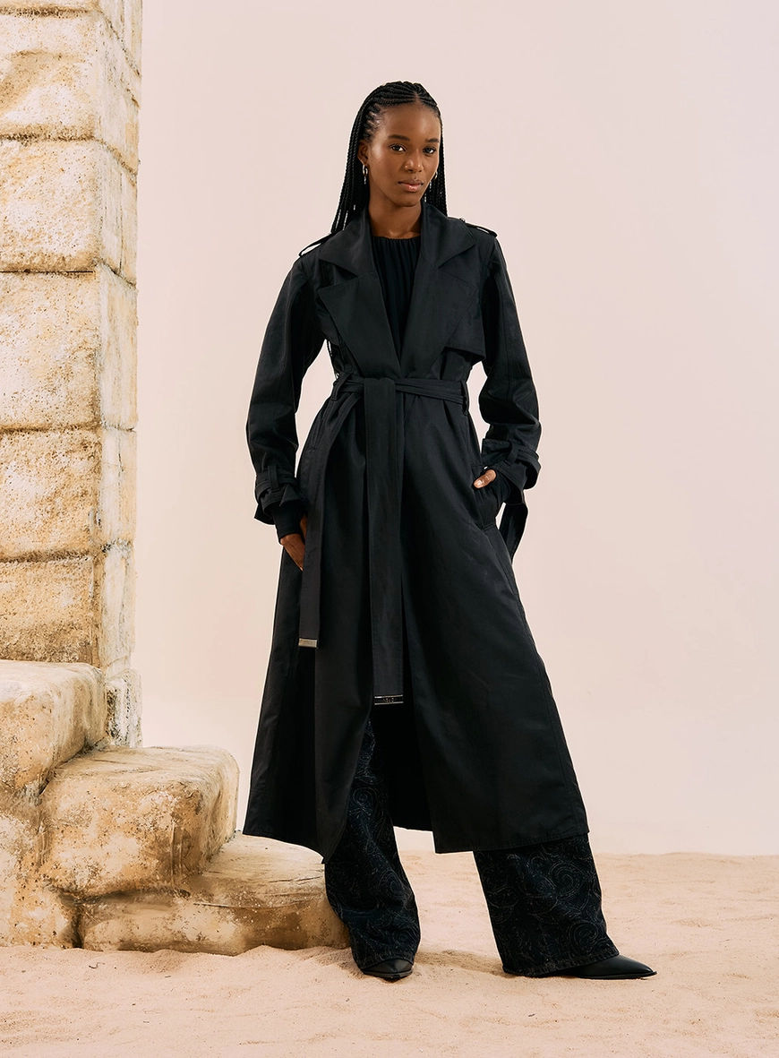 Casaco Trench Coat Maxi Longo Preto 1