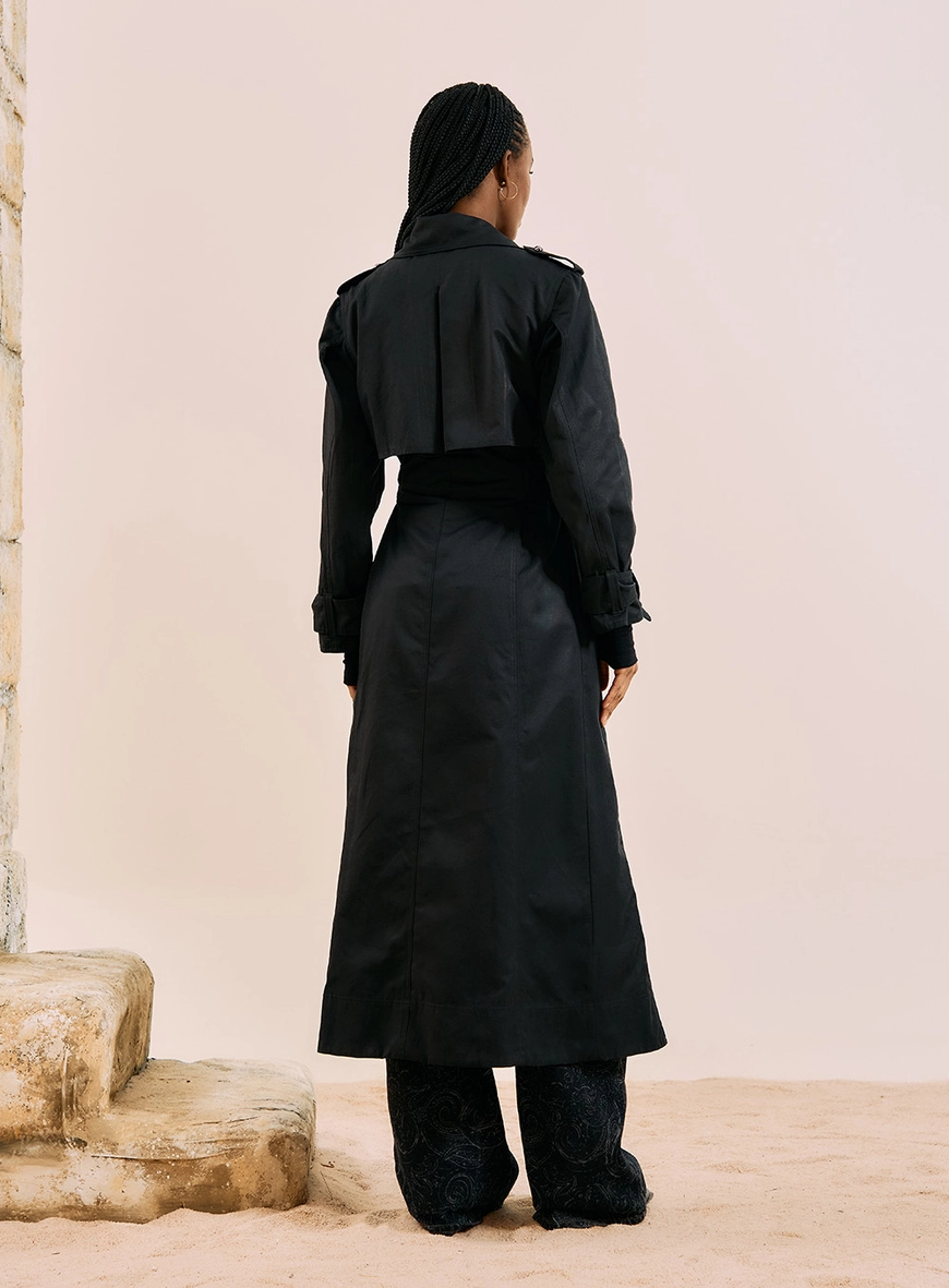 Casaco Trench Coat Maxi Longo Preto 3