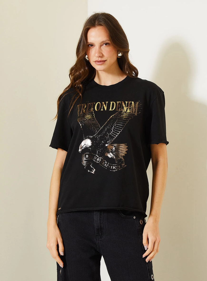 Camiseta Feminina Com Estampa Frontal Metalizada Preto 6