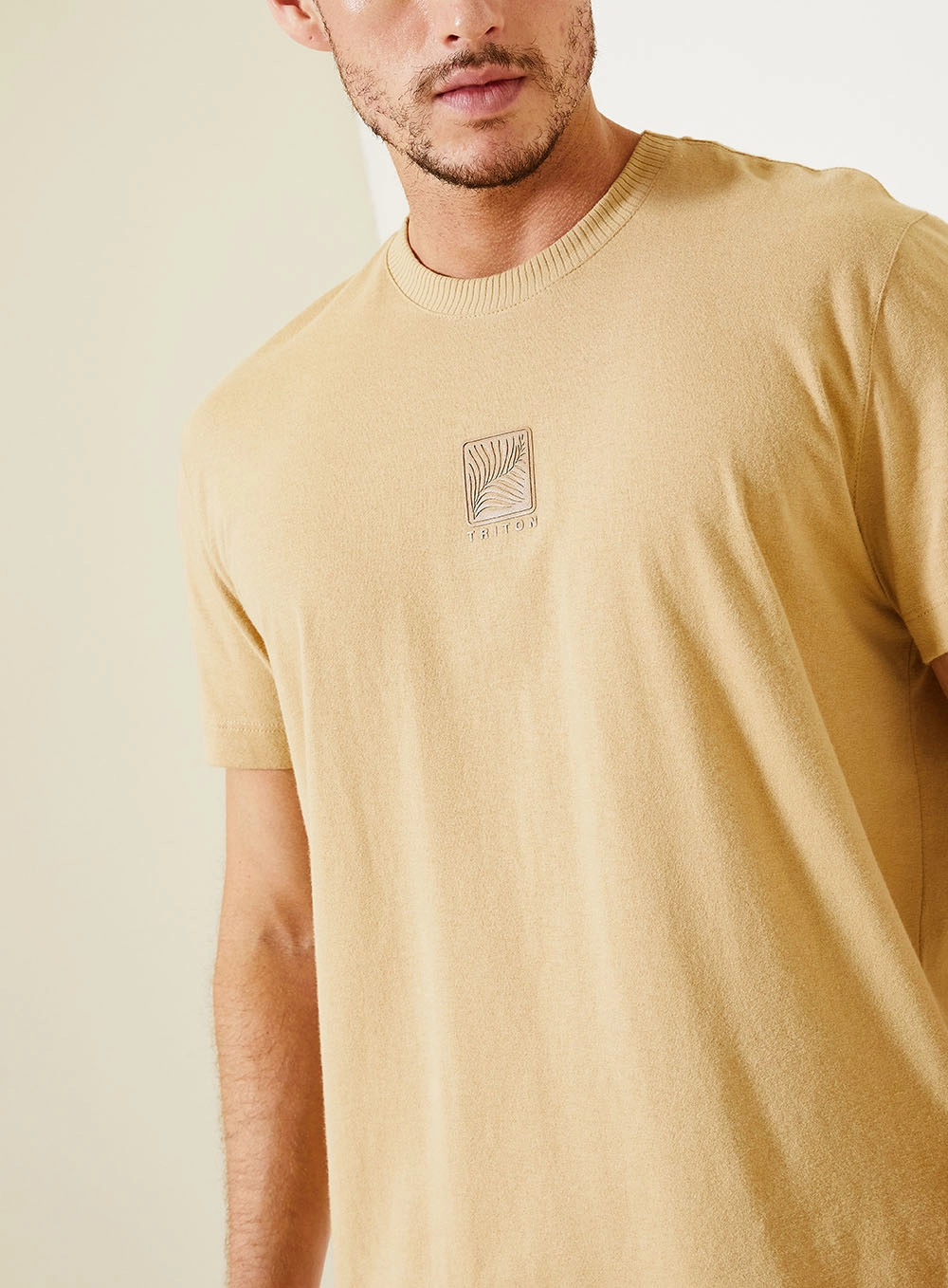 Camiseta Masculina Com Bordado Minimalista Central Bege 4