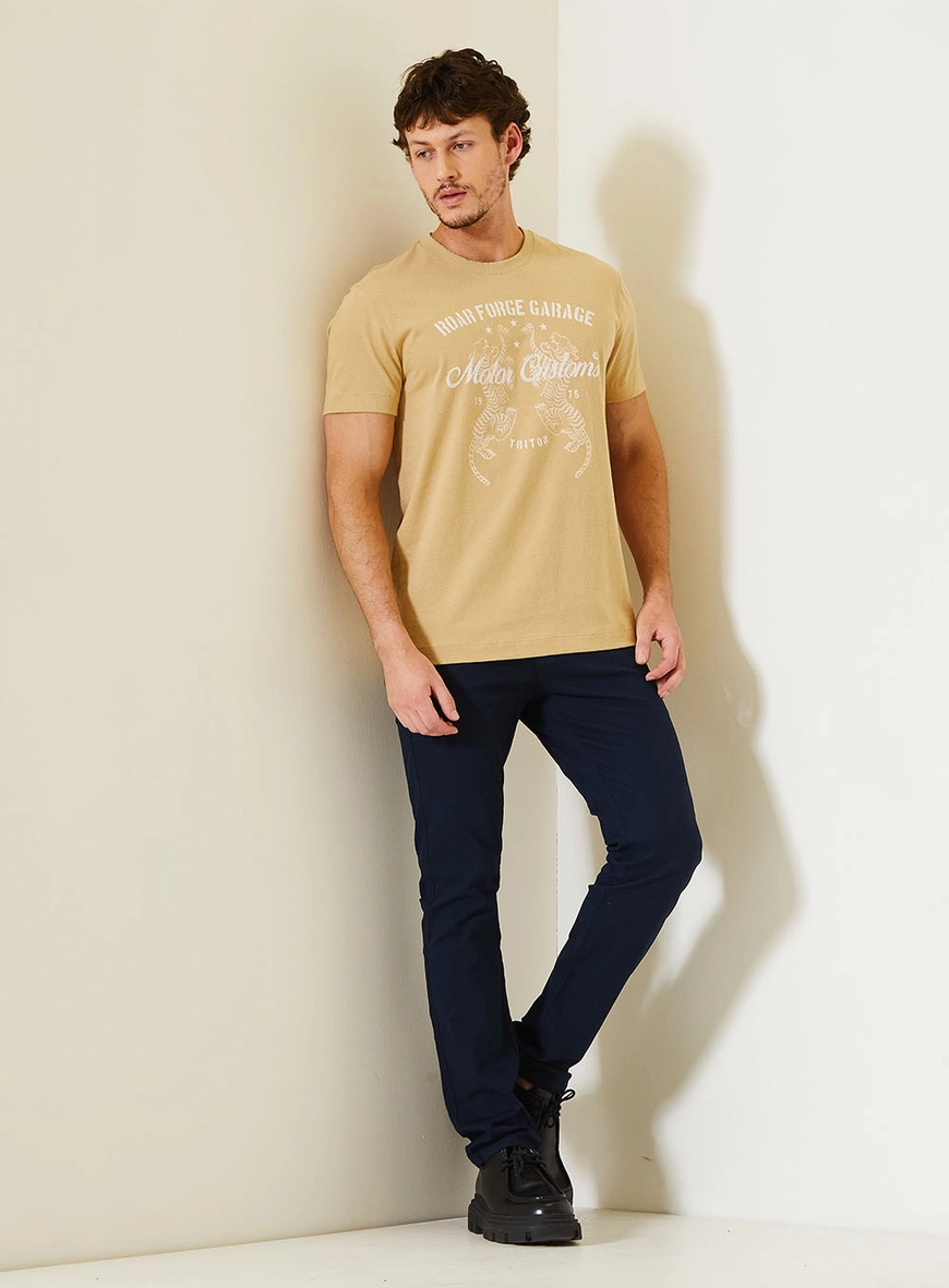 Blusa Masculina Fit Estampada Com Gola Redonda Bege 5