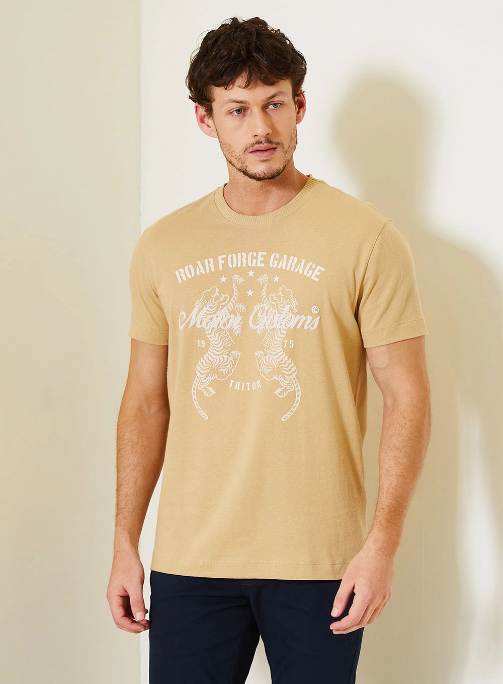 Blusa Masculina Fit Estampada Com Gola Redonda Bege 6