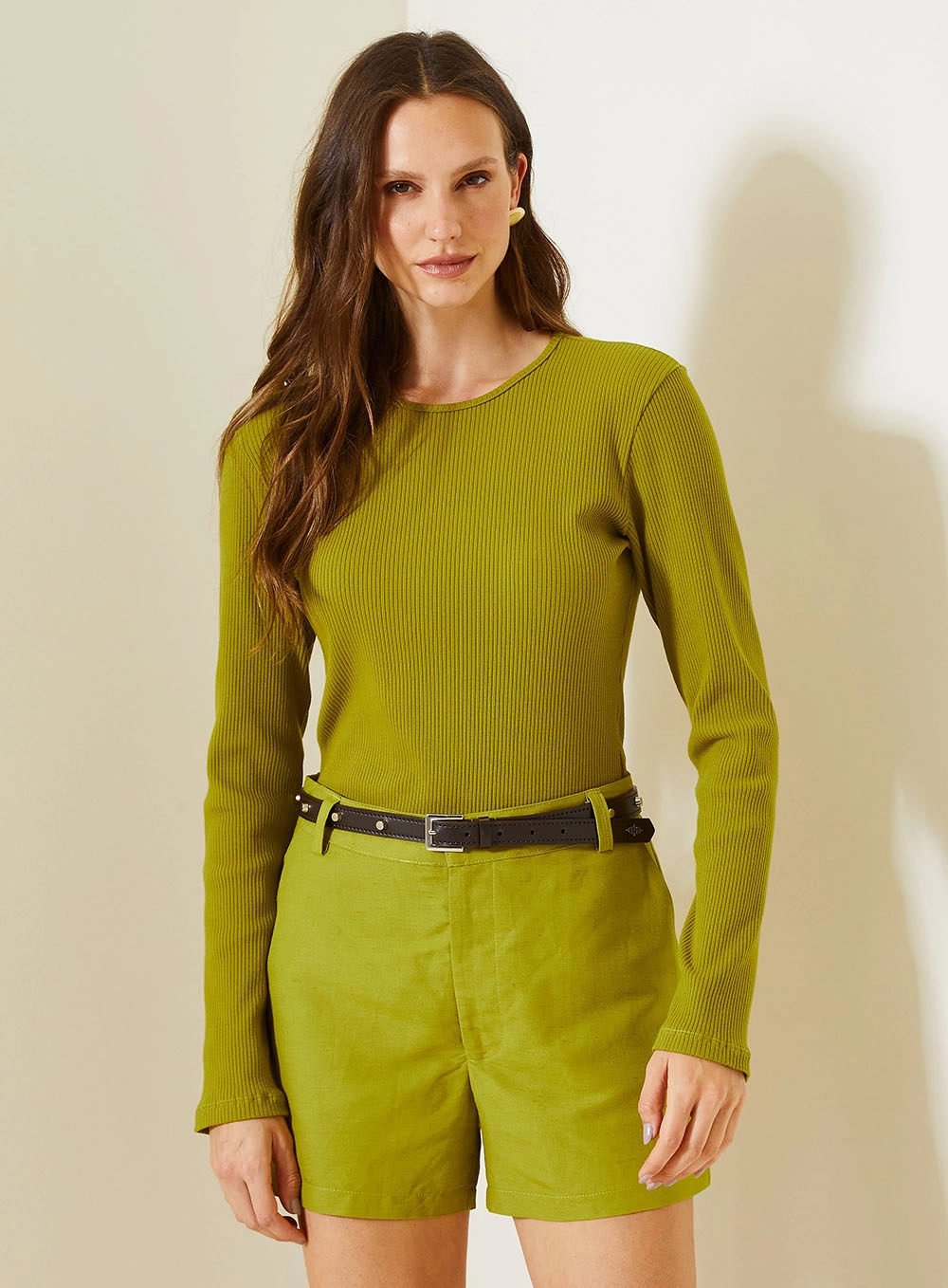 Blusa Slim Canelada Com Manga Longa Verde 1