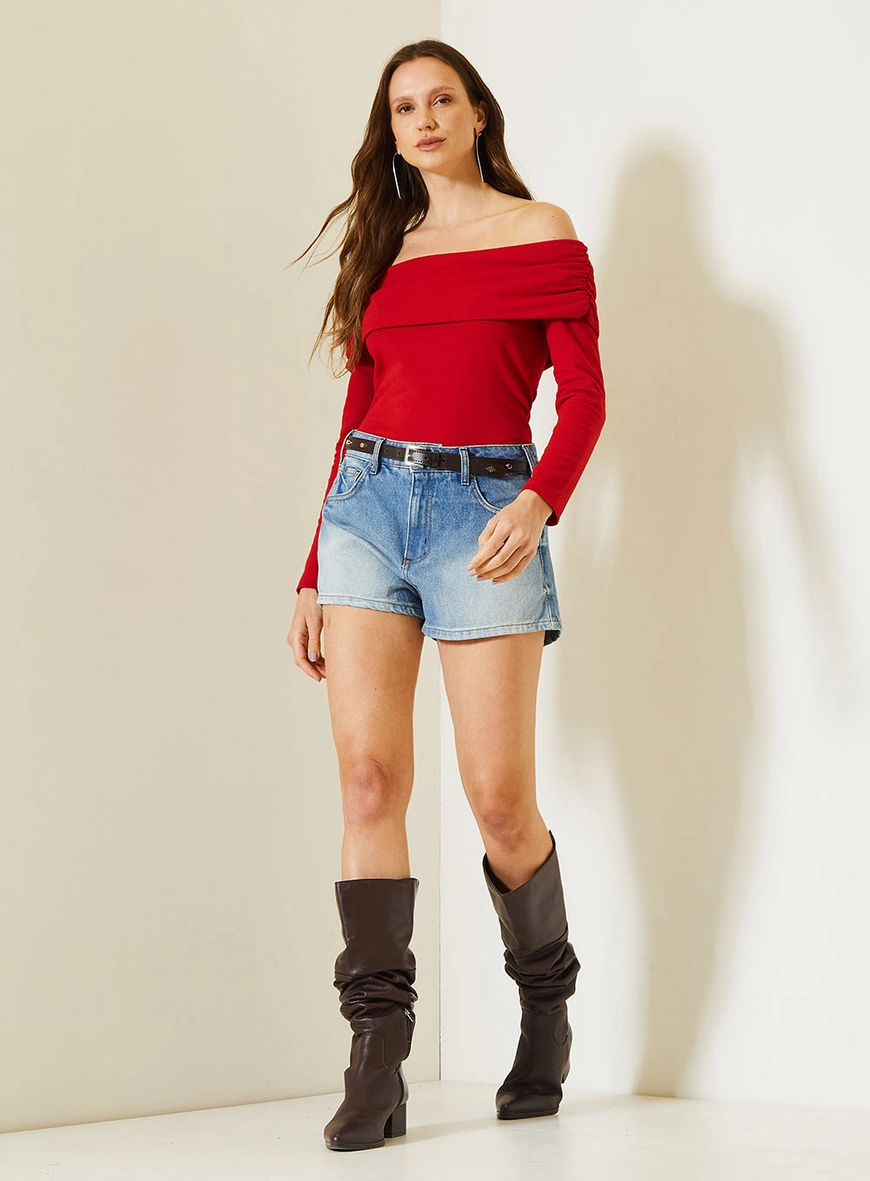 Blusa Comfort De Ombro A Ombro Com Mangas Longas Vermelho 3