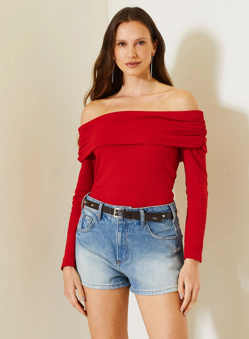 Blusa Comfort De Ombro A Ombro Com Mangas Longas Vermelho 1