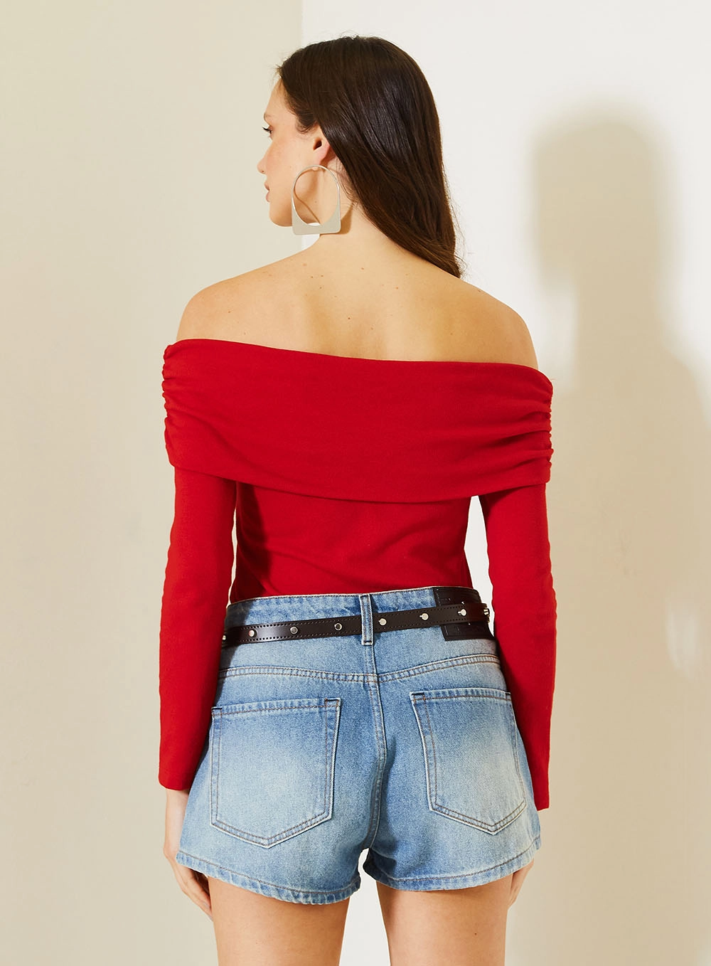 Blusa Comfort De Ombro A Ombro Com Mangas Longas Vermelho 2