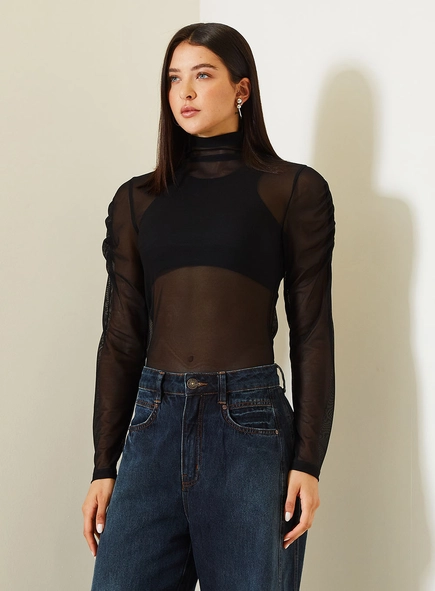 Blusa Em Tule Manga Longa Gola Alta