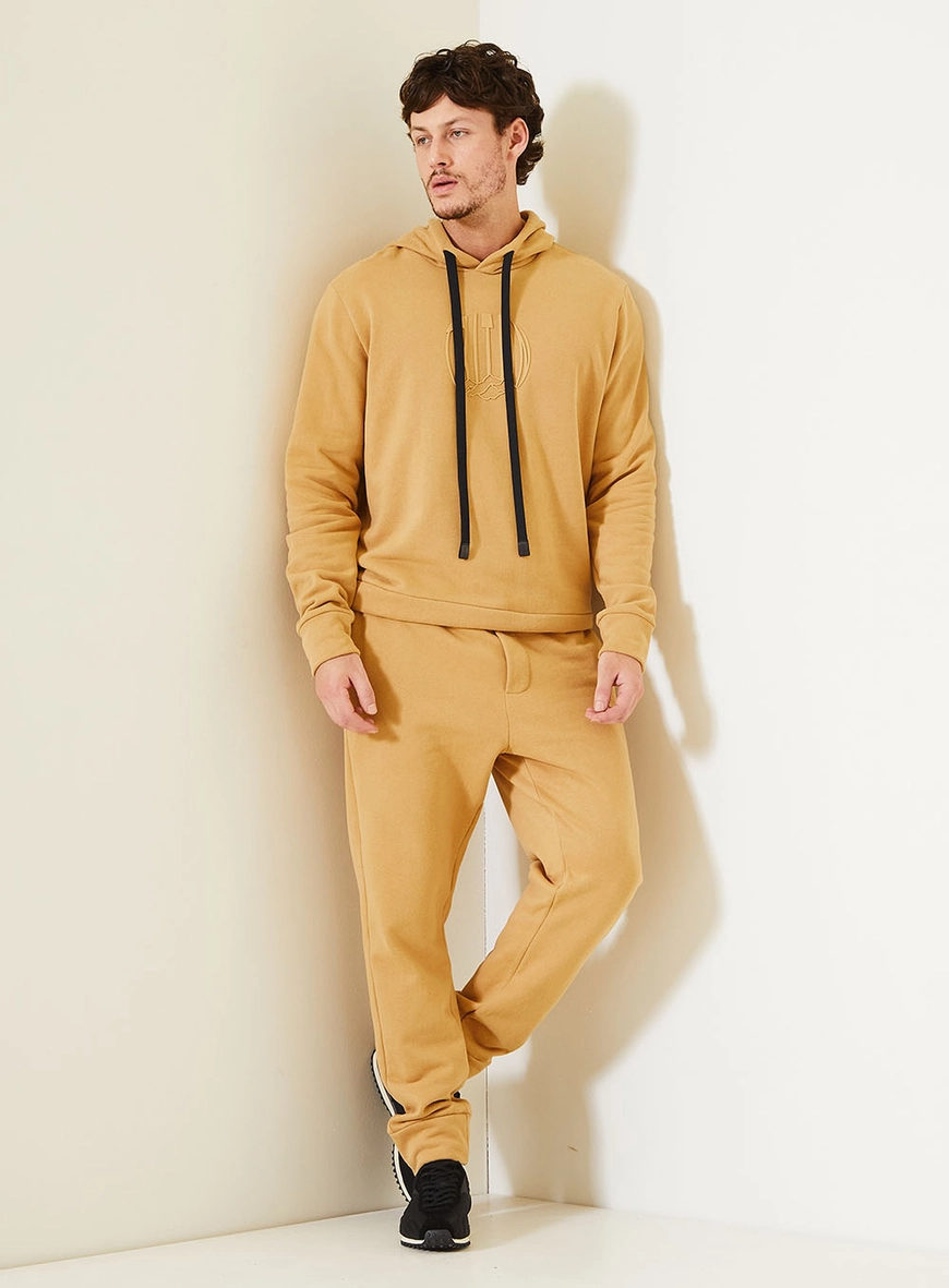 Blusão Moletom Fleece Com Capuz E Logo Central Bege 3