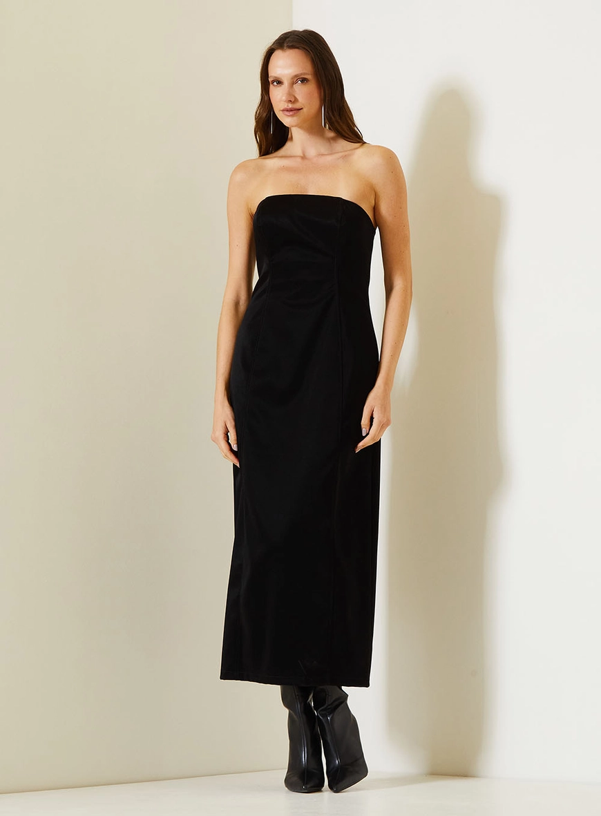 Vestido Midi Tomara Que Caia Com Zíper Costas Preto 2