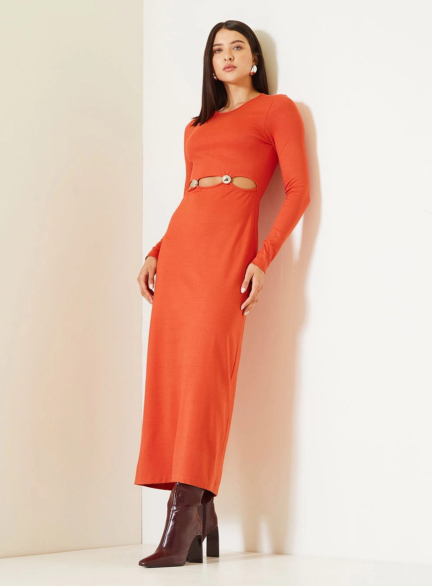 Vestido Midi Slim Com Argolas Frontais Vermelho 1