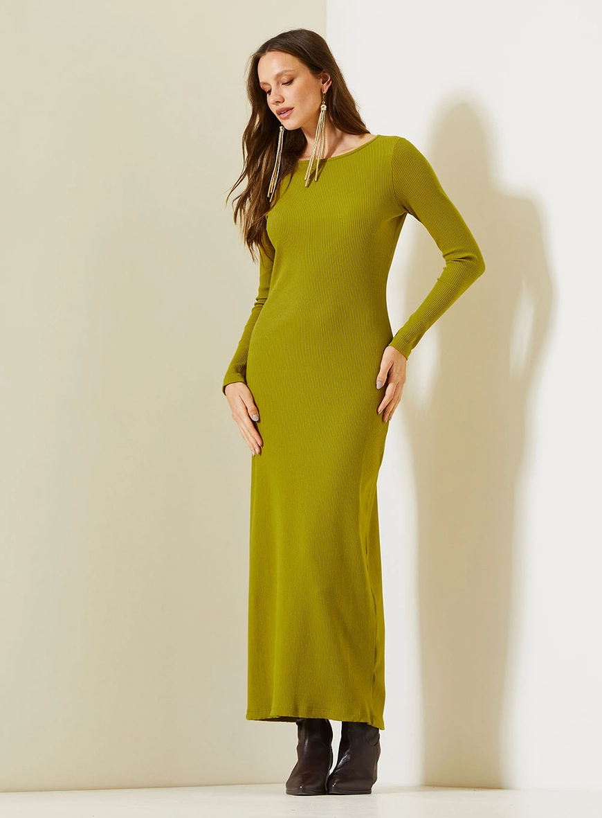 Vestido Midi Slim Canelado De Manga Longa Verde 2