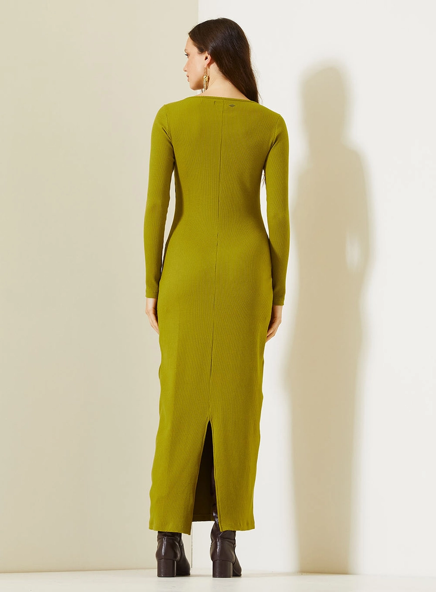 Vestido Midi Slim Canelado De Manga Longa Verde 4