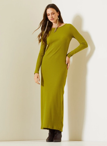 Vestido Midi Slim Canelado De Manga Longa