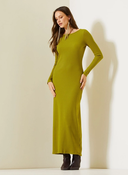 Vestido Midi Slim Canelado De Manga Longa