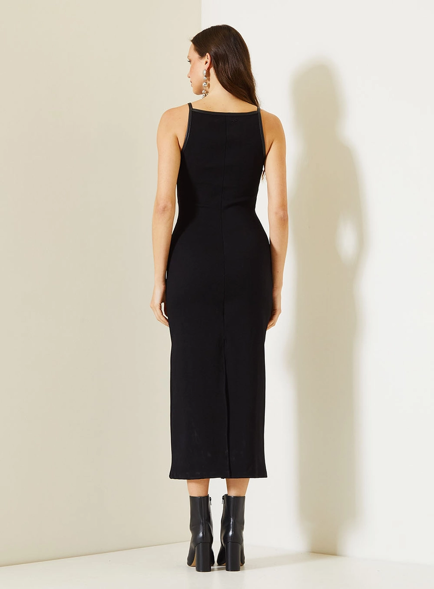 Vestido Midi Comfort Com Alças Finas E Decote Reto Preto 4