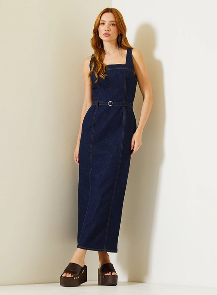 Vestido Jeans Midi Com Alças Largas
