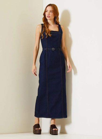 Vestido Jeans Midi Com Alças Largas