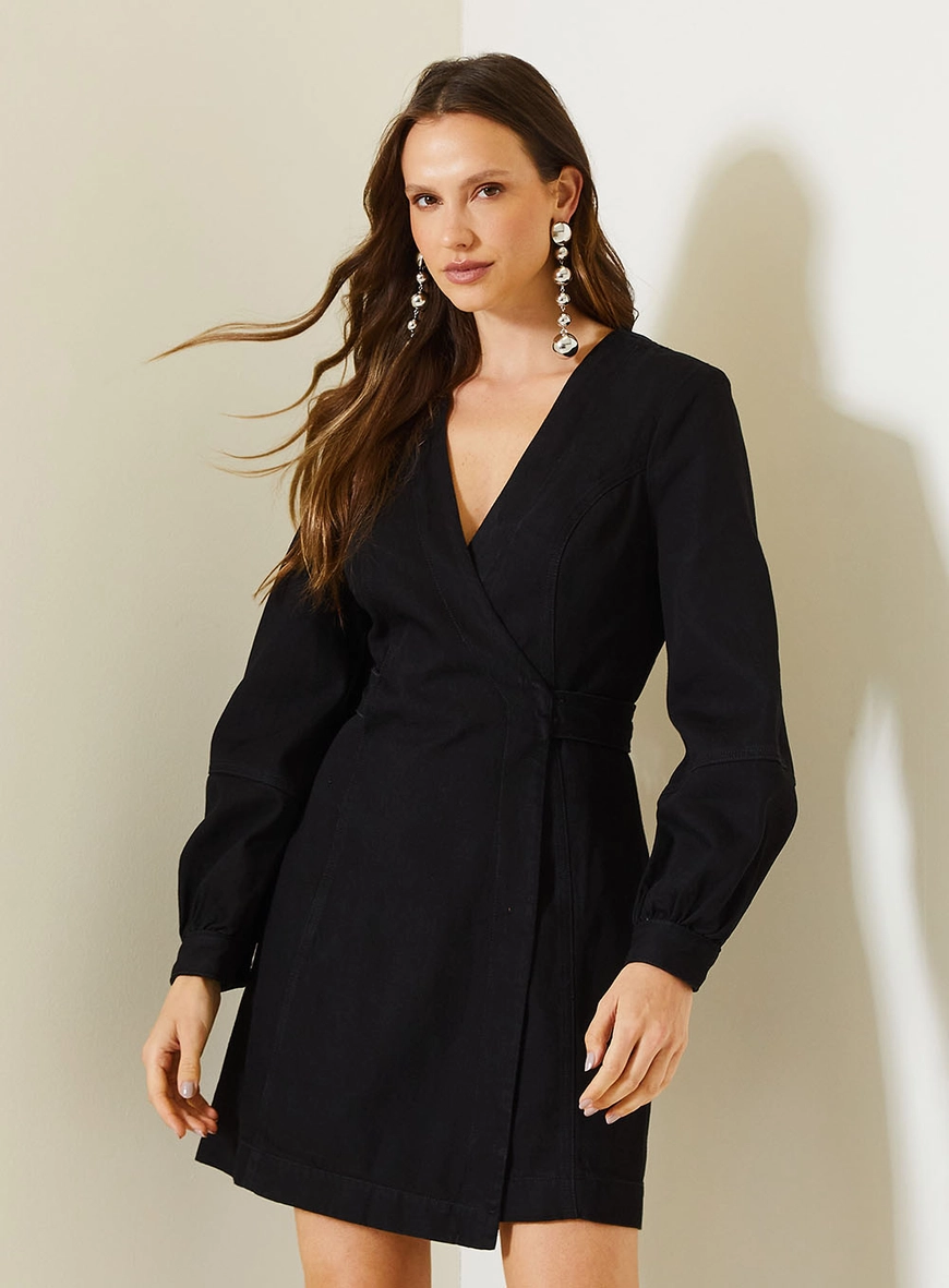 Vestido Curto Jeans Transpassado Com Manga Longa Indigo Preto 2
