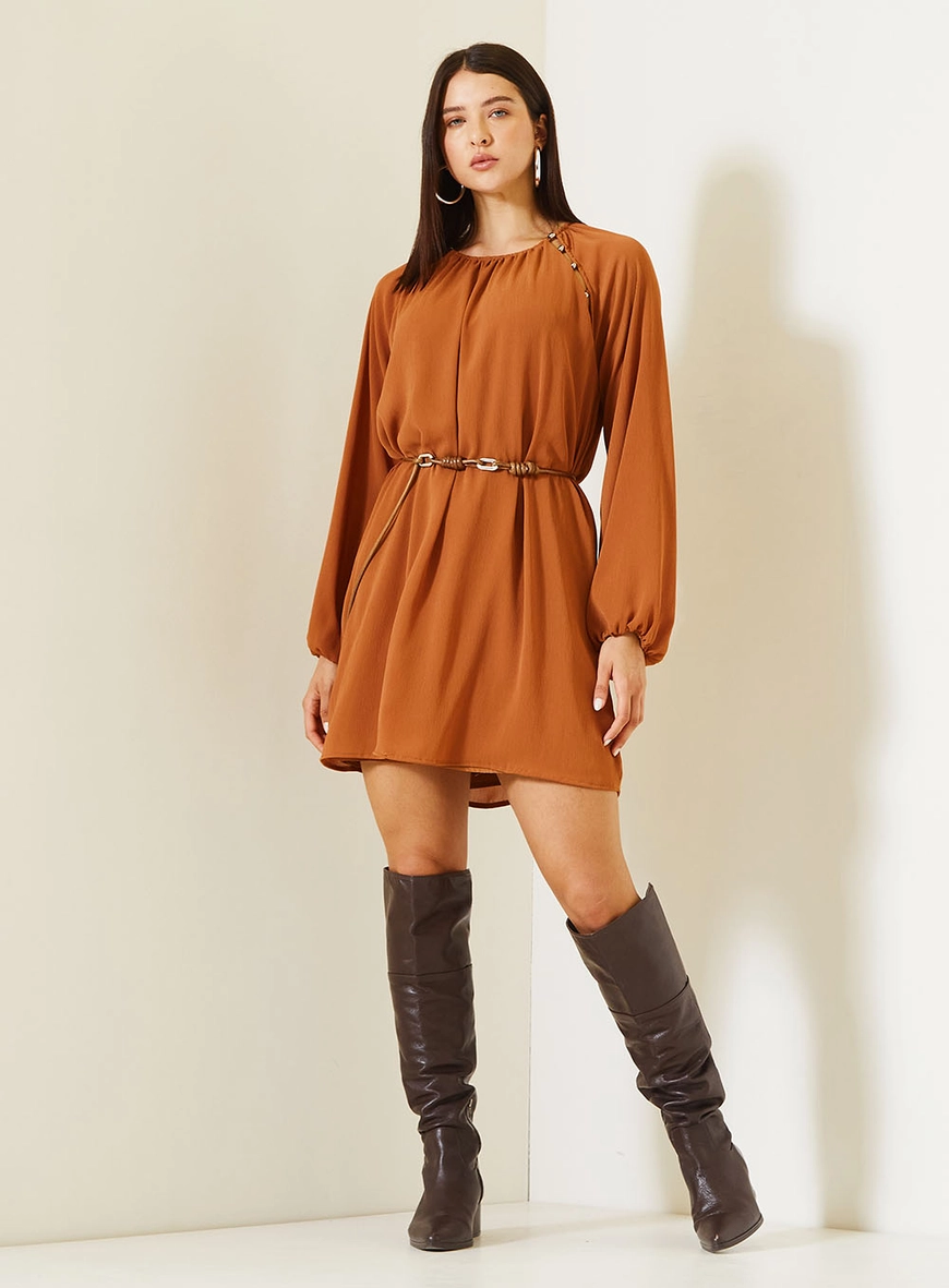 Vestido Curto Com Mangas Longas Bufantes Marrom 1