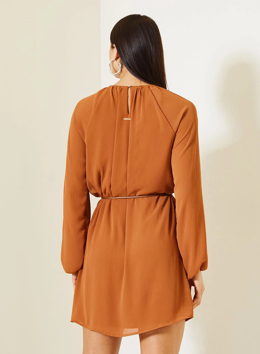 Vestido Curto Com Mangas Longas Bufantes Marrom 3