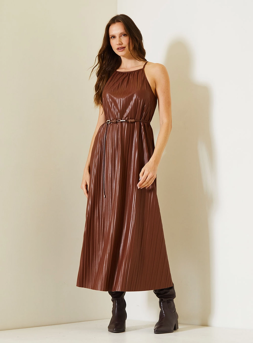 Vestido Plissado Com Cinto Marrom 1