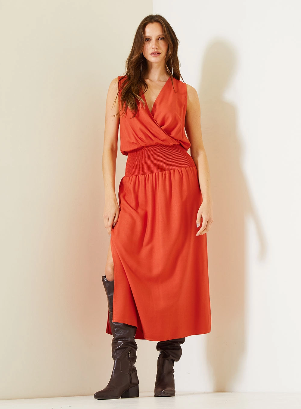 Vestido Longo Comfort Com Transpassado E Lastex Vermelho 1