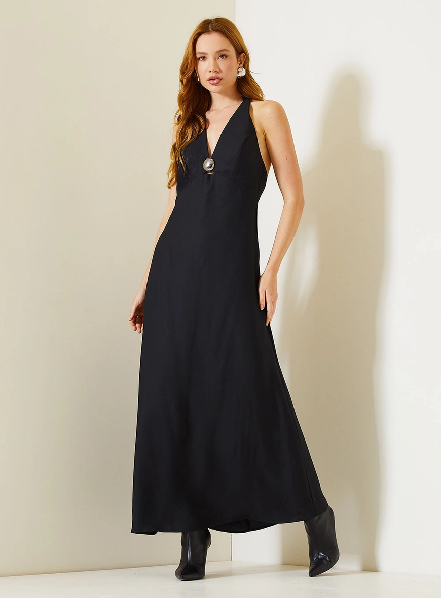 Vestido Longo Com Decote Em V E Aplicação Preto 2