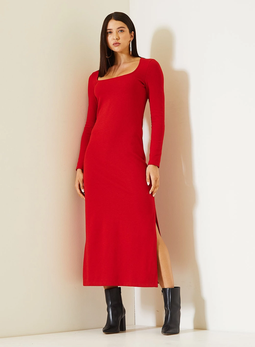 Vestido Midi Comfort Com Manga Longa Vermelho 1