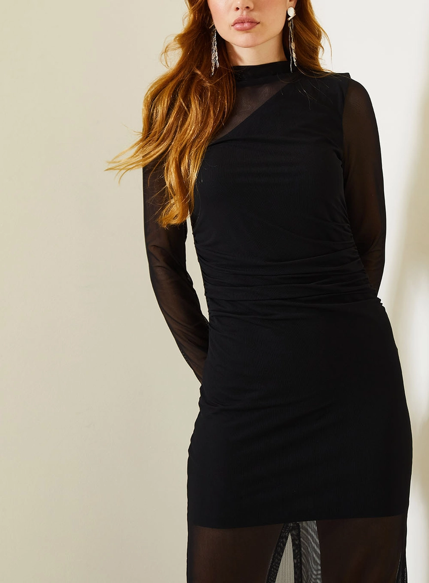 Vestido Midi Com Manga Longa Em Tule Preto 3