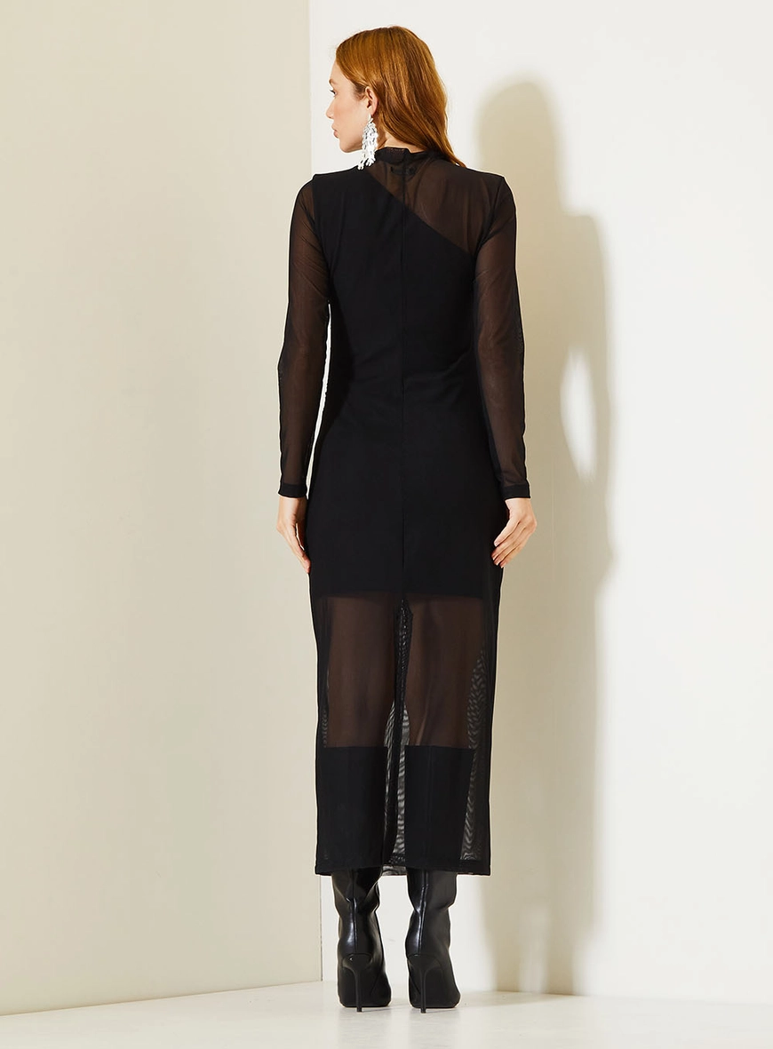 Vestido Midi Com Manga Longa Em Tule Preto 4
